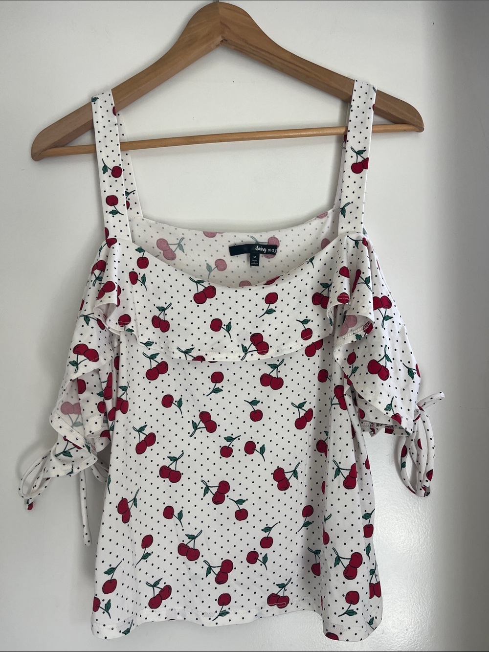 Daisy May White Cherry Print polka dot Cold-Shoulder Blouse M